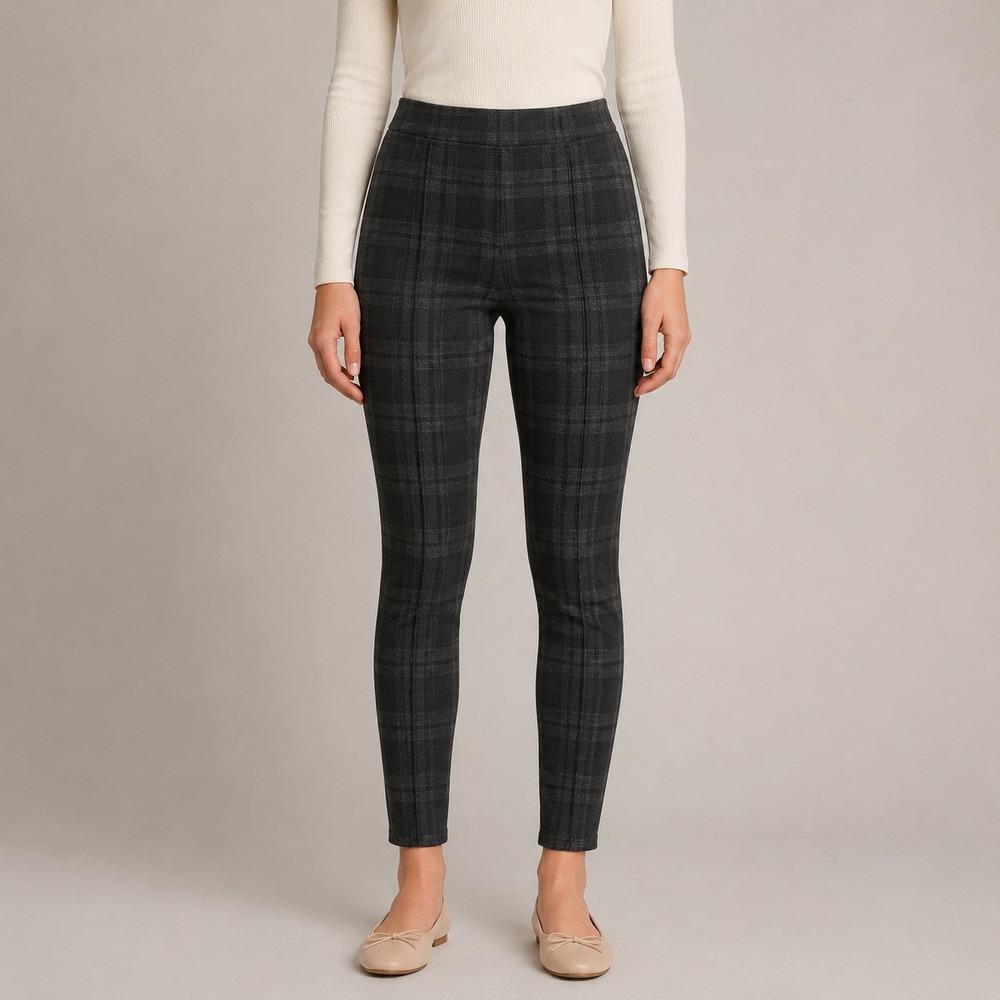 Time and Tru Womens Grey Plaid Millennium Pull On Pants ponte leggings M 8-10